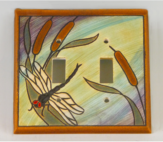 All Fired Up - Double Switch Plate, Dragonfly Cattail